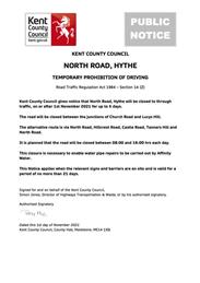 Emergency Road Closure - North Road, Hythe - 1st November 2021 (Folkestone & Hythe)