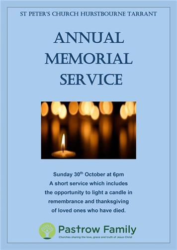  - Annual Memorial Service - St Peter's Church, HBT - Sunday 30th October 2022 at 6pm.