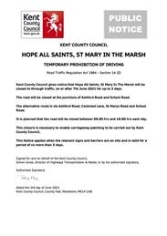 Urgent Road Closure - Hope All Saints, St Mary In The Marsh - 7th June 2021 (Folkestone & Hythe)