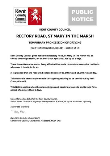  - Urgent Road Closure - Rectory Road, St Mary In The Marsh - 24th April 2021 (Folkestone & Hythe)