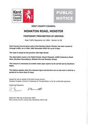 Road Closure Monkton Road 18th December 2023 for up to 5 days