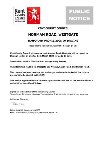  - KCC Notice - Road Closure - Norman Road, Westgate