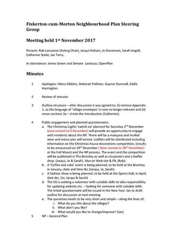  - Neighbourhood Plan Meeting on 22 November 2017 7.30pm