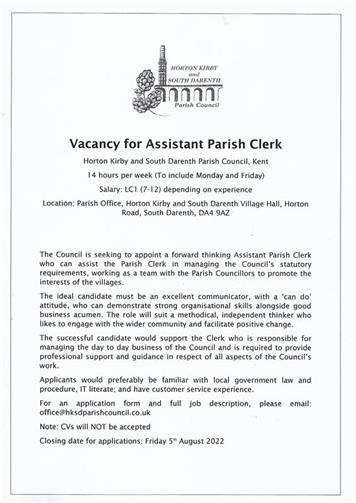  - Vacancy for Part -time Assistant to the Parish Clerk