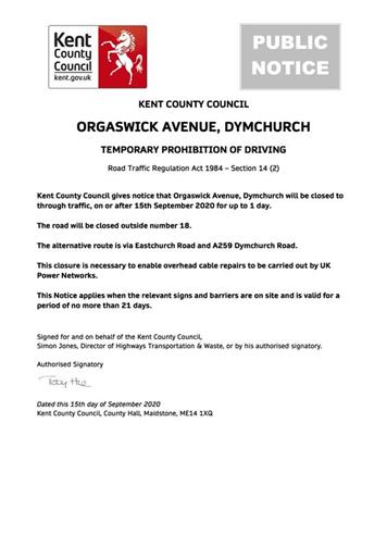  - Temporary Road Closure Orgarswick Avenue