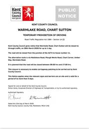 Urgent Road Closure - Warmlake Road, Chart Sutton - 28th March