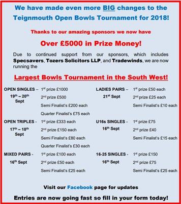  - Teignmouth Open Bowls Tournament (Devon) 16th-21st September 2018