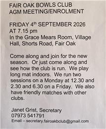 Fair Oak Bowls Club AGM / Enrolment