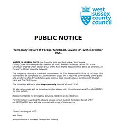 Road closure- Forage Yard Road 12/11/25