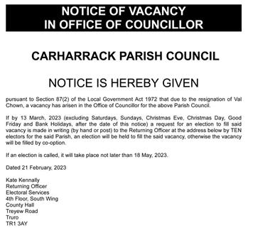  - Notice of Vacancy for Councillor Chown