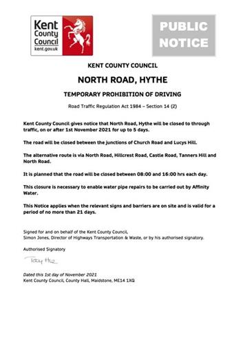 - Emergency Road Closure - North Road, Hythe - 1st November 2021 (Folkestone & Hythe)