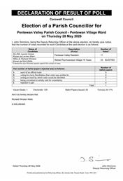 Pentewan Valley Parish By Election - Pentewan Village Ward RESULTS