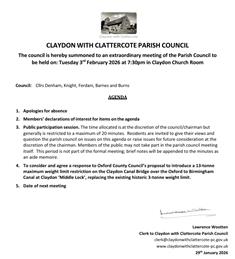 Extraordinary Meeting of Claydon with Clattercote Parish Council - Tuesday 3rd February 2026