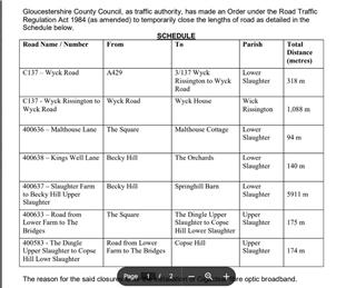 Temporary Road Closure - Various Roads - Lower Slaughter, Upper slaughter and Wick Rissington Parishes - Cotswold district - 03/08/2026 to 09/10/2026 Ref: 89428