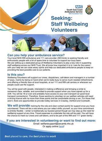  - NHS South East Coast Ambulance Service are seeking Staff Wellbeing Volunteers
