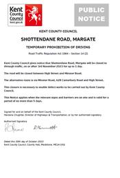 KCC - Urgent Road Closure - Shottendane Road, Margate - 3rd November 2023 (Thanet)