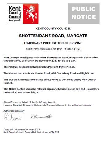  - KCC - Urgent Road Closure - Shottendane Road, Margate - 3rd November 2023 (Thanet)