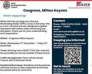 Notice of temporary road closure due to Ground Penetrating Radar Survey