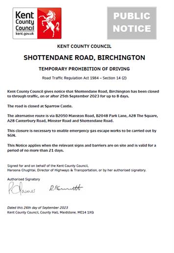  - Emergency Road Closure - Shottendane Road, Birchington - 25th September 2023