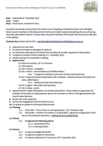  - Agenda for Parish Council Meeting - Wednesday 6th December