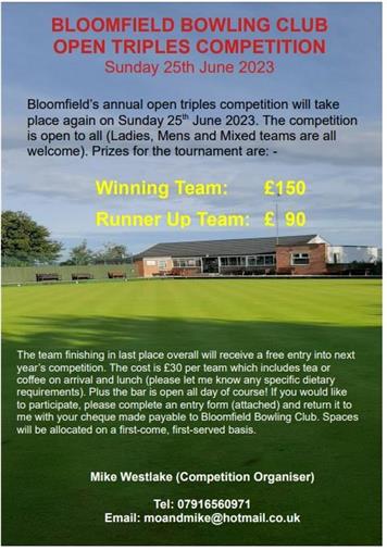  - BLOOMFIELD BOWLING CLUB OPEN TRIPLES COMPETITION Sunday 25th June 2023