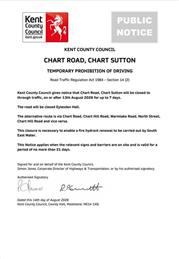 Emergency Road Closure - Chart Road, Chart Sutton - 13th AUG