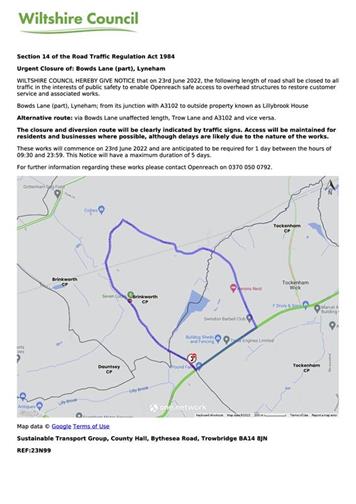  - Wiltshire Council Traffic Notice Bowds Lane June 23 2022