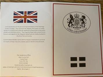 MEG appreciation card - 1 - Recognition for Mabe from the Lord Lieutenant of Cornwall