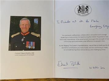 MEG appreciation card - 2 - Recognition for Mabe from the Lord Lieutenant of Cornwall