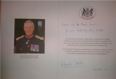 Council appreciation card - 1 - Recognition for Mabe from the Lord Lieutenant of Cornwall