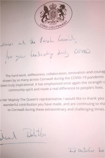 Council appreciation card - 2 - Recognition for Mabe from the Lord Lieutenant of Cornwall