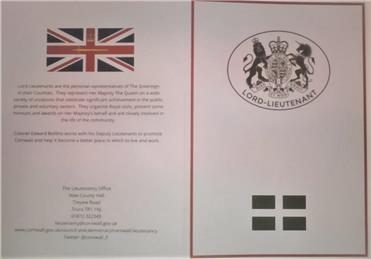 Council appreciation card - 3 - Recognition for Mabe from the Lord Lieutenant of Cornwall