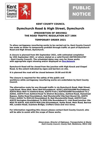  - Temporary Road Closure - Dymchurch Road & High Street, Dymchurch - 6th September 2021 (Folkestone and Hythe District)