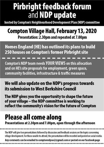  - Neighbourhood Development Plan: Pirbright Feedback Forum and NDP Update 13th February 2020