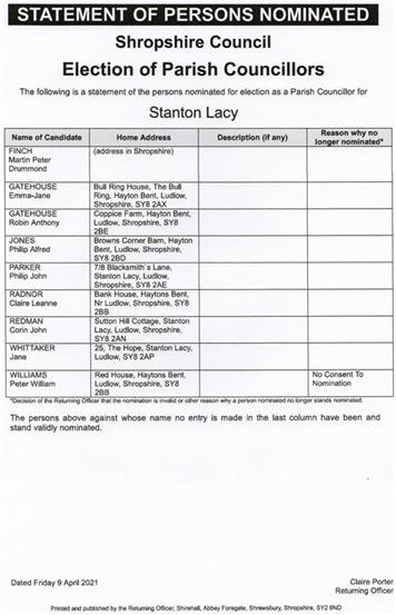  - Statement of Person Nominated for Stanton Lacy Parish Council