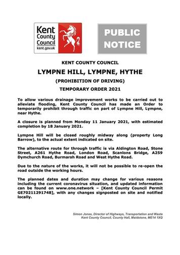  - Temporary Road Closure – Lympne Hill, Lympne, Hythe – 11-18 January 2021