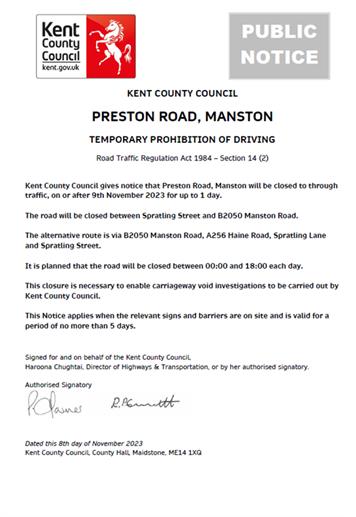  - KCC - Urgent Road Closure - Preston Road, Manston - 9th November 2023 (Thanet)