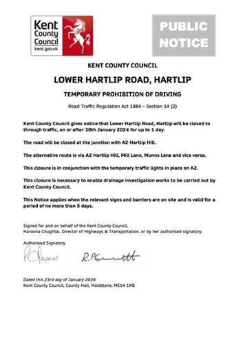  - Urgent Road Closure - Lower Hartlip Road, Hartlip - 30th January 2024