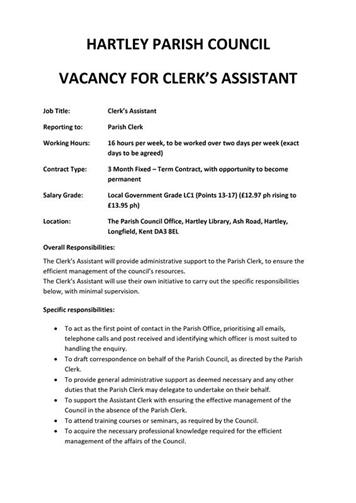  - Hartley Parish Council - Clerks Assistant Vacancy