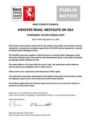 Minster Road, Westgate-On-Sea Temporary 30 MPH Speed Limit