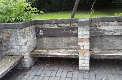 Dilapidated brickwork and rotten seating to be replaced with raised planters for wheelchair gardeners - Rowthorne Care Home Garden project