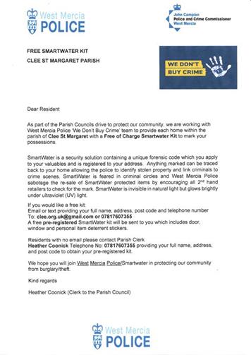  - Free Smartwater Kits Available From the Parish Council