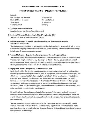 Steering Group Minutes - FCM Neighbourhood Plan Meeting Minutes 27 September 2017