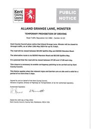 Road Closure Alland Grange Lane 15th May for up to 3 days