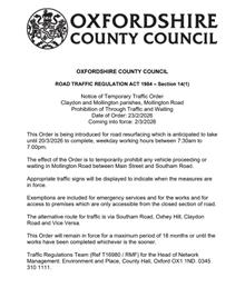 Mollington Road - Temporary Road Closure from 2nd March