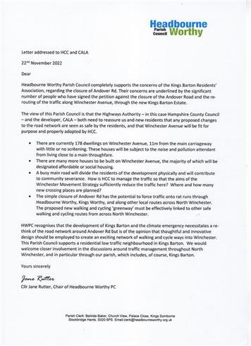  - Letter to HCC and CALA asks for the closure of Andover Rd to be reconsidered