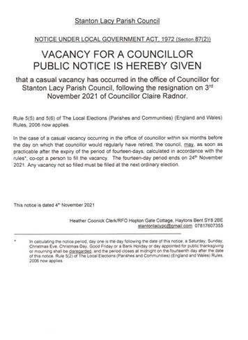  - Vacancy for a Councillor for Stanton Lacy Parish Council
