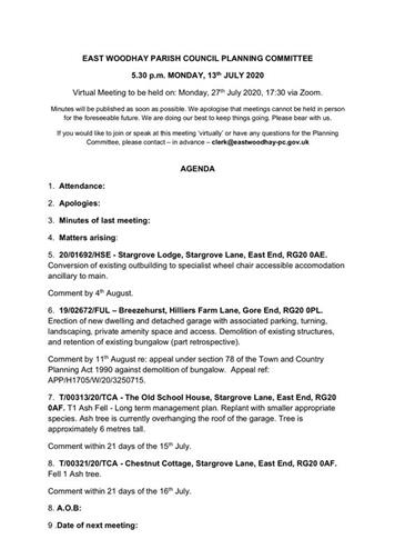  - Planning Committee Meeting 27/07/20