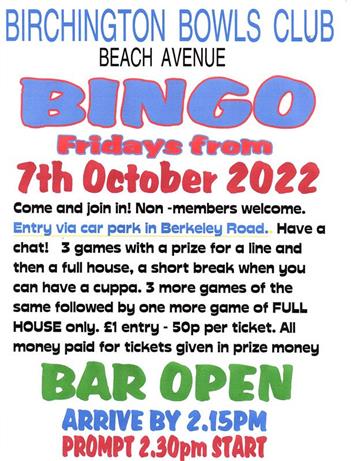  - BINGO IS BACK - STARTING AGAIN ON FRIDAY 7TH OCTOBER 2022.