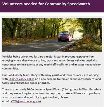  - Volunteers needed for Community Speedwatch